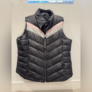 NWT - Bebe black, silver and pink-accented full-zip puffer vest
